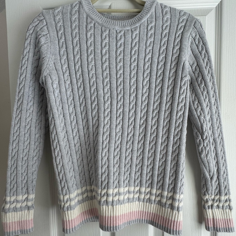 Tommy Hilfiger Light Gray Cable Knit Sweater with Pink and Cream Stripes